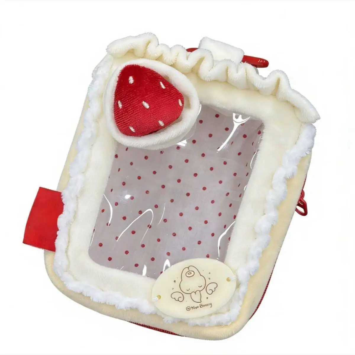 Sweet Strawberry Cake 10cm Display Bag Cute Storage Pouch with Clear Window & Heart Keychain Charm for Anime Kpop Merch Decor