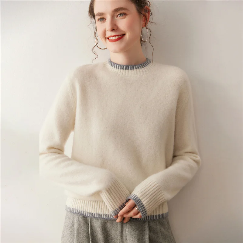 เสื้อสเวตเตอร์คอโอผู้หญิง ผ้าแคชเมียร์ 100% สไตล์วินเทจ สำหรับฤดูใบไม้ร่วงและฤดูหนาว เสื้อถักไหมพรมอุ่นๆ แบบพื้นฐาน สวมใส่สบาย