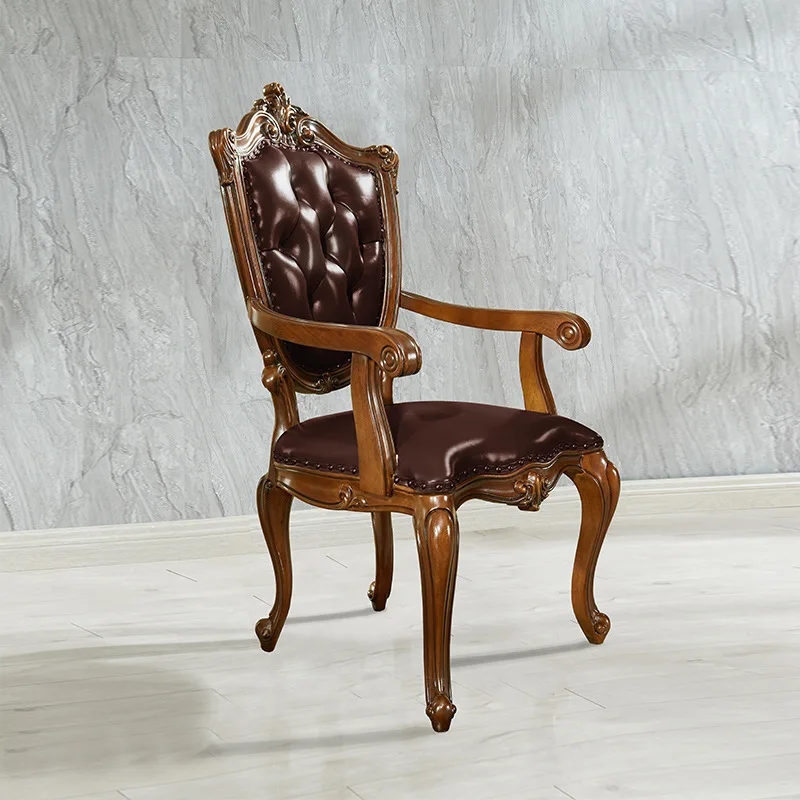 

American household leather leisure chair dining chair double-sided carved solid wood leather book chair villa large apartment
