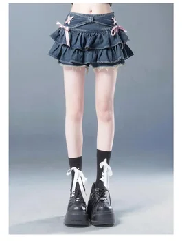 New Fashion Women Hot Girl Sweet Kawaii Bow Vintage Y2k Clothes American Streetwear Sexy Summer A-line Gothic Mini Denim Skirts 5