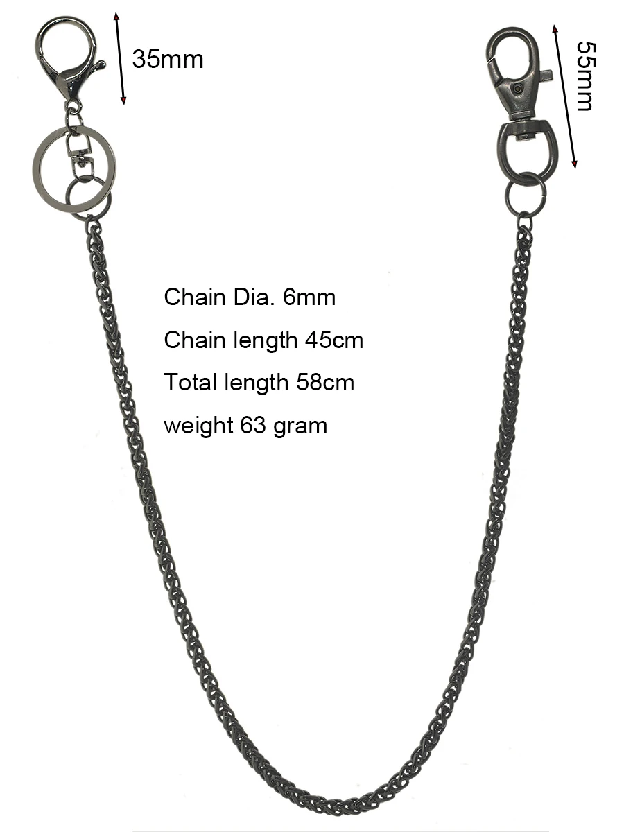 23 inch Hip Pop Rock Gunmetal Black Trousers Biker Jean Pants 6mm Snake Basket Chain Keychain EDC Gift for Family