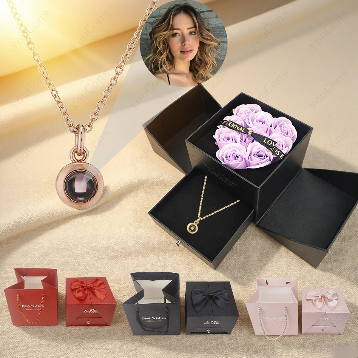 

Подвеска-сердце с проекцией изображения на заказ в подарочной коробке с девятью роскошными розами для женщин, подруг, мам на день рождения