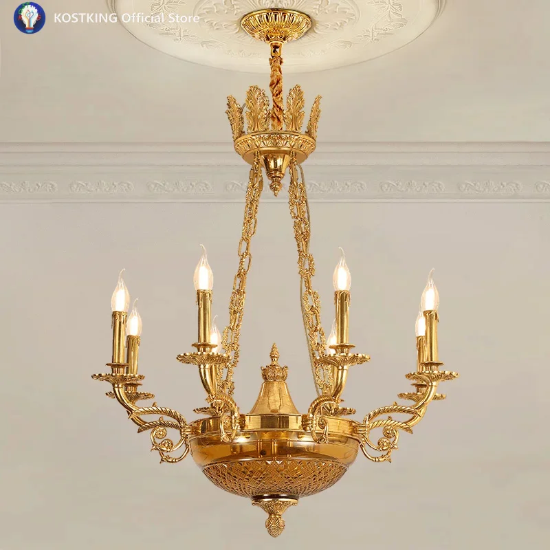 

European Living Room Brass Luxury Retro Brass Pendant Light Villa Bedroom Dining Lamp French Classic Copper Golden Chandelier