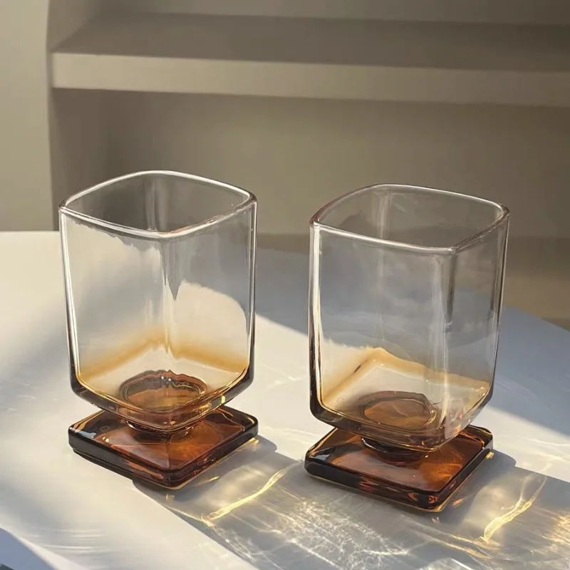 1pcGradient Colored Square WhiskeyGlass Uniquely Maillard Colored Low Footed Glass Vintage Style Juice Glass Sparkling Water Cup