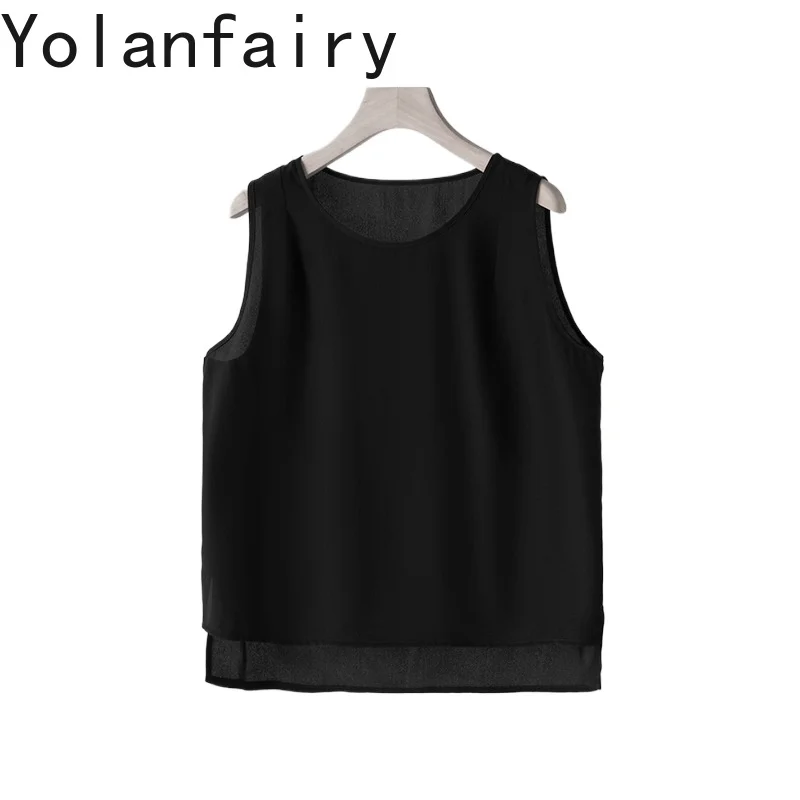 

YOLANFAIRY Высококачественные женские футболки из 100% натурального шелка тутового шелкопряда, летняя коллекция 2026, с круглым вырезом, без рукавов, майки-топы