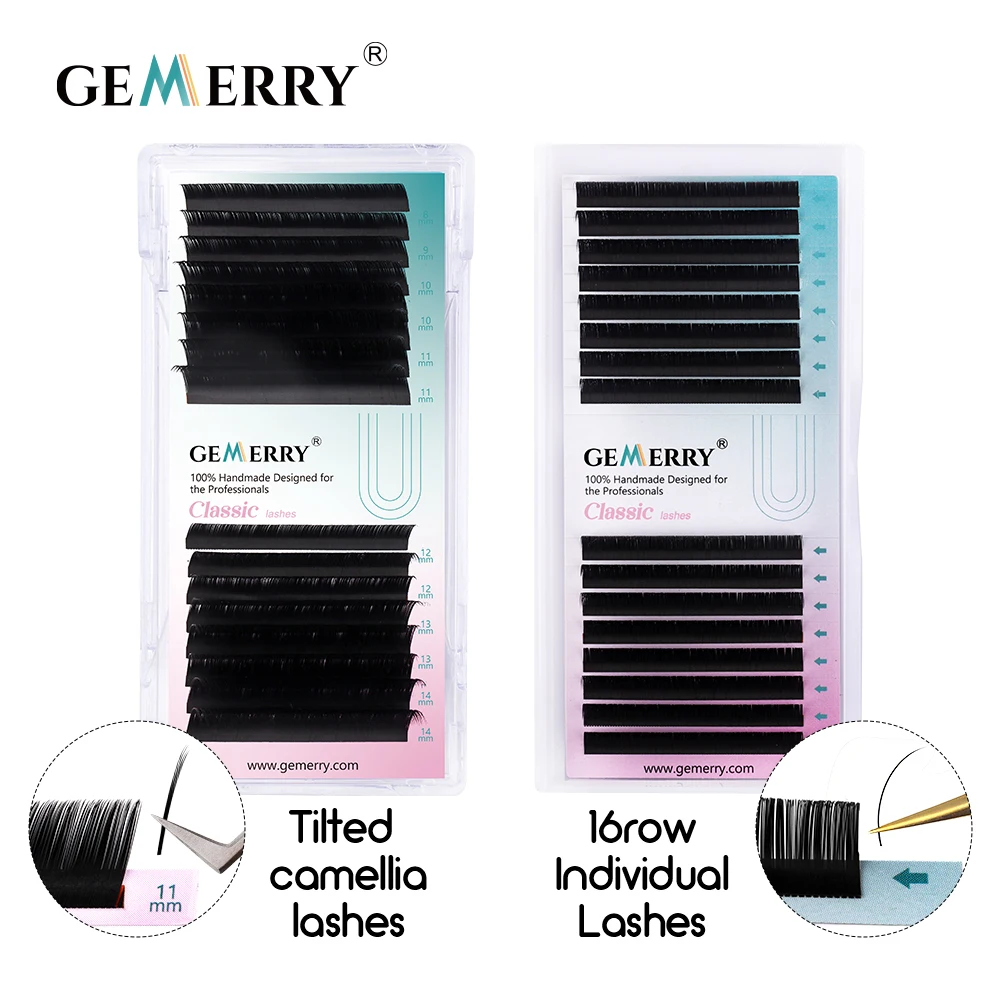 Gemerry Camellia Classic Eyelashes Extension 16 Row Mink Silk Tilted 115° Comic Oblique Flying Style Individual Lash For Makeup