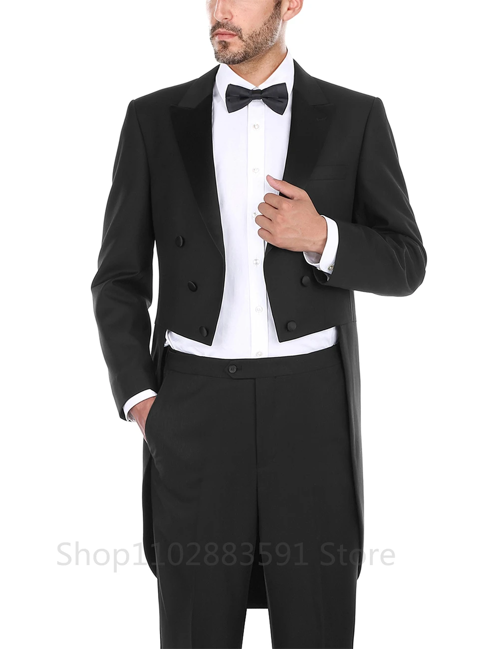 2024 Black Formal Men Suits Tail Coat Double Breasted Groom Tuxedos for Wedding 2 Piece Male Fashion Set Jacket with Pants