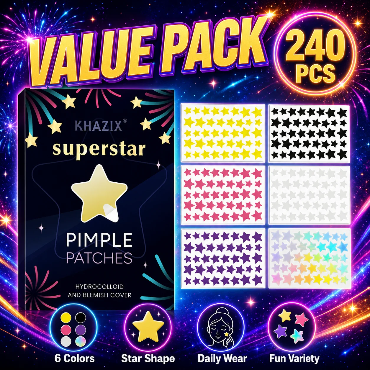 240PCS Star Pimple Patches For Face Hydrocolloid, Absorbing Cover, Tea Tree, Hydrocolloid Acne Patch, Cute Star Pimple Patch