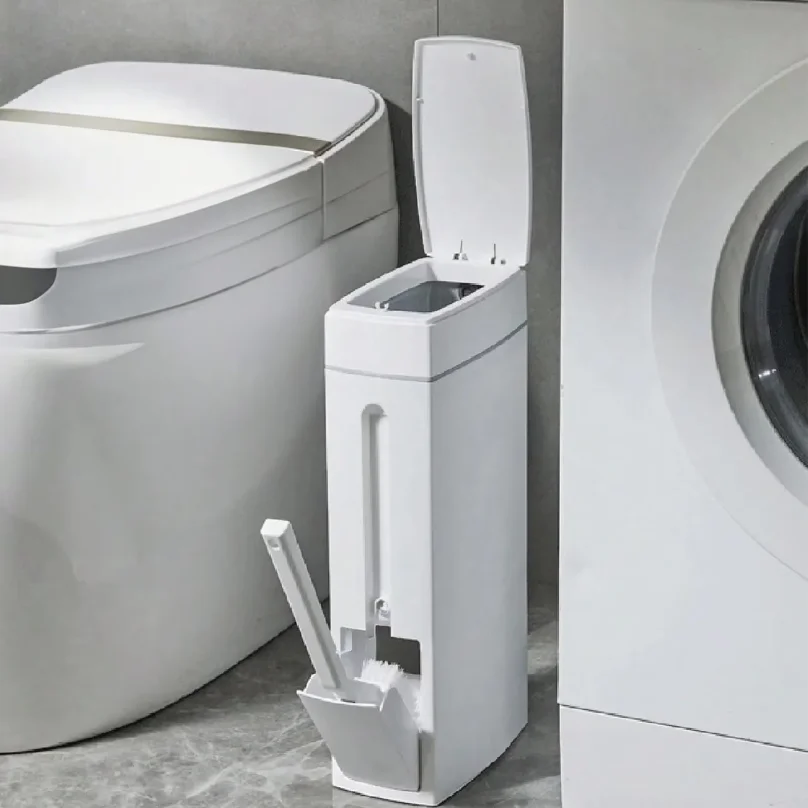 Bathroom Bathroom Trash Can Bathroom Trash Can Toilet Brush Combo Save Space Small Trash Can Lid Bathroom Accessories Narrow Garbage Can - Aliexpress Deal