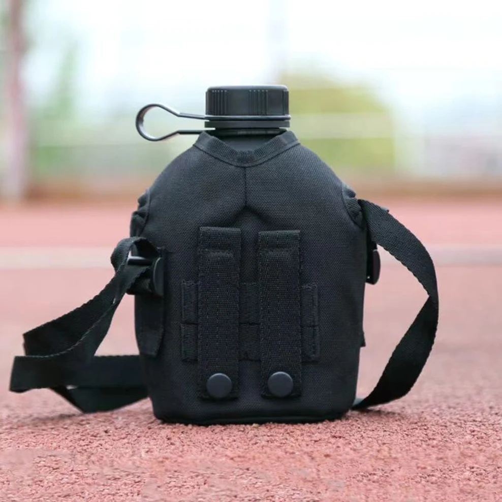 Crossbody bag style tactical kettle, Large capacity aluminum flat kettle, Mountaineering outdoor portable sports bottle,1000ml