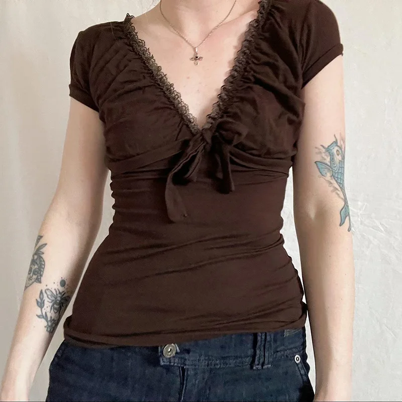 

Retro Brown Lace V-neck Long Sleeve T-shirt Women's Bow Fold Top