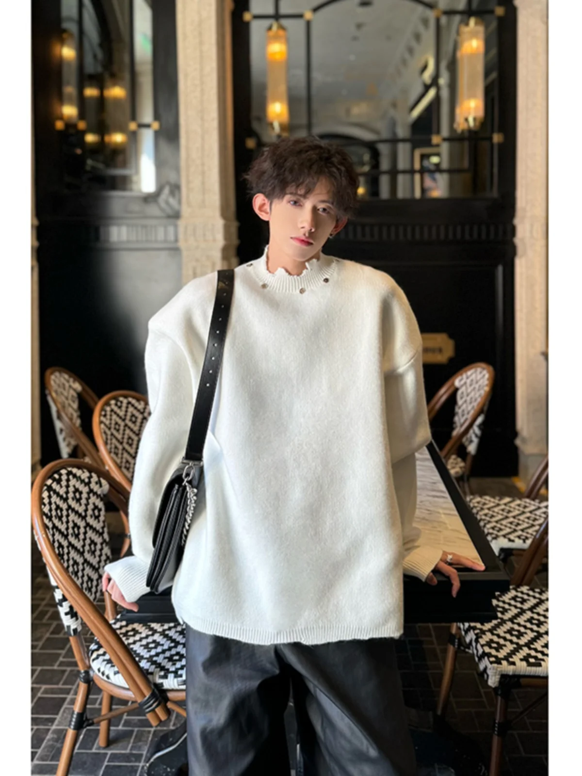 

White Oversize Knitted Sweater Men's Autumn Winter Sle American Trendy Brand Destroys Feel Teenage College Sle Top