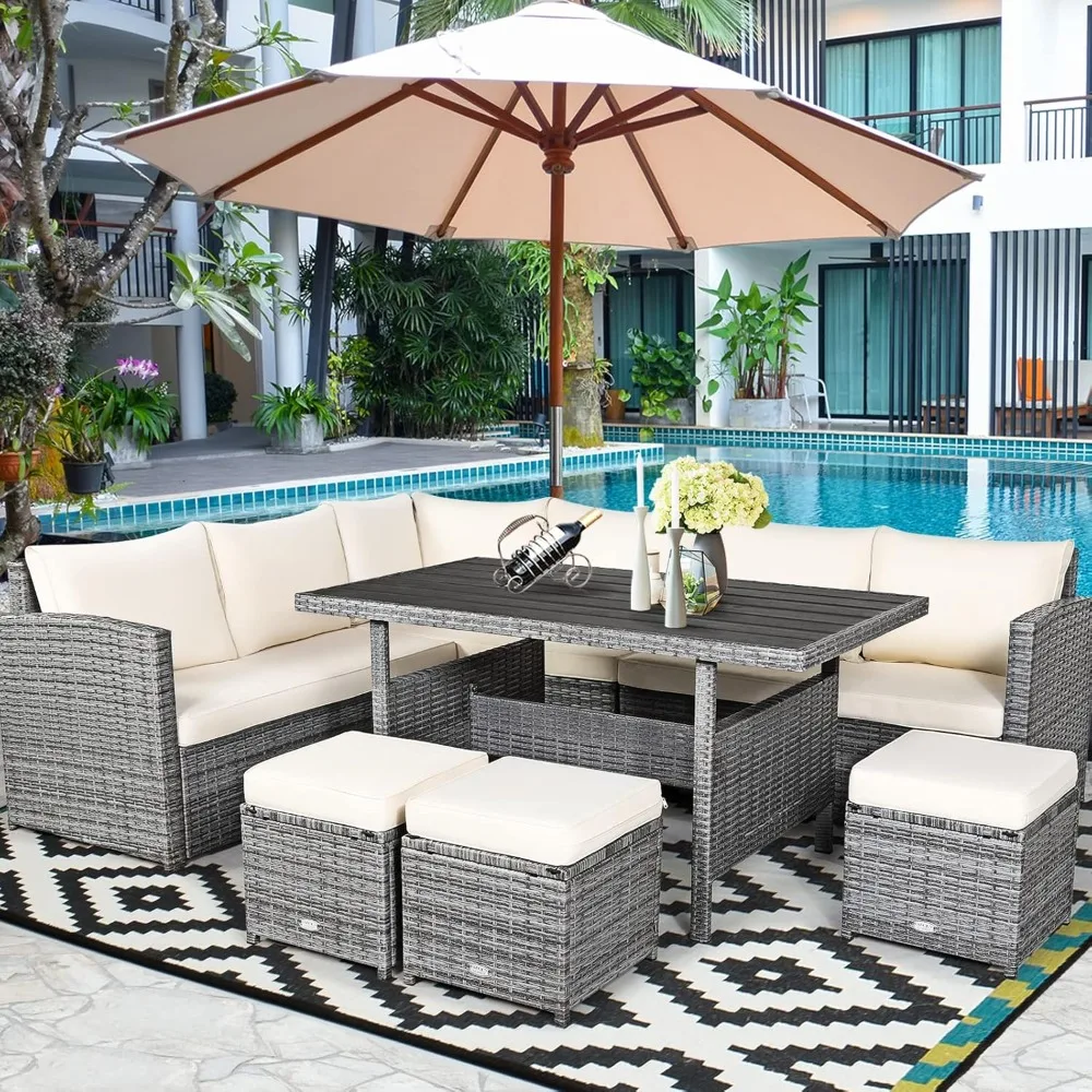 

Patio Furniture Set for 6, 7 Piece All Weather Heavy Duty PE Wicker Sectional Sofa with Dining Table and Ottomans, Rattan Conve