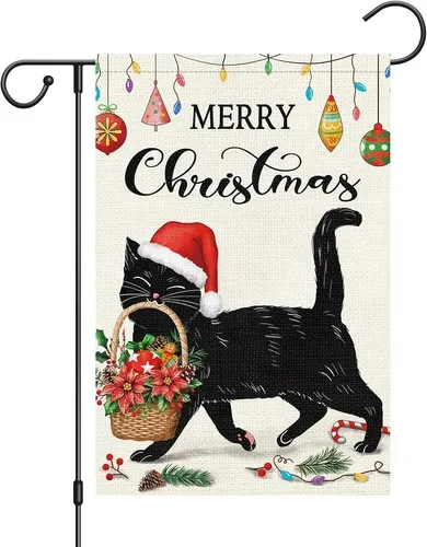 Merry Christmas Black Cat Garden Flag Double Sided, Burlap Welcome, 12x18 XXQ