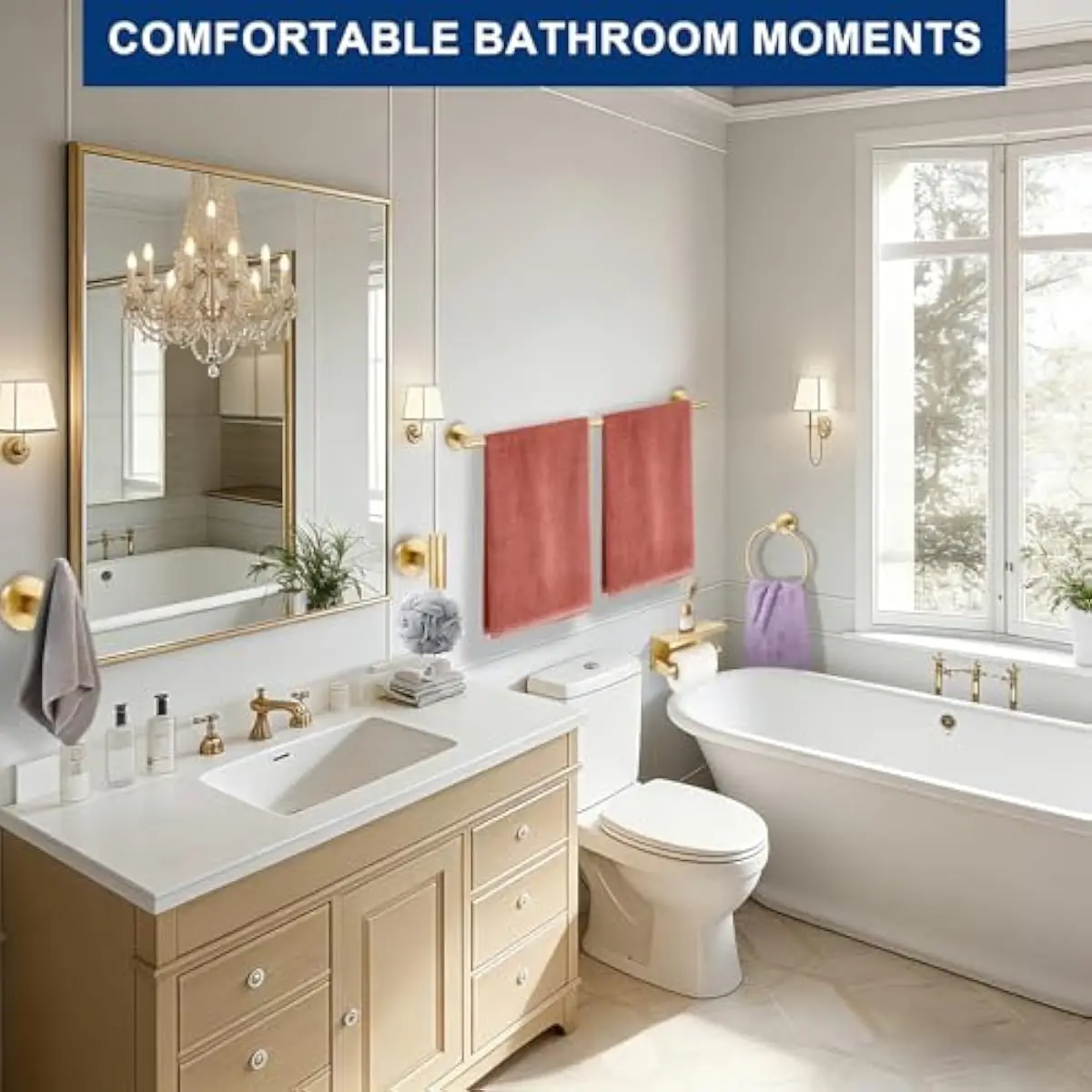 Five-piece brushed gold bathroom hardware ensemble featuring 24-inch towel bar, robust round toilet paper holder with integrated
