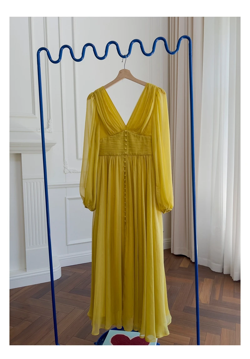 Lingzhi Wu M ustard Yellow Long Dress French Vintage Sexy Slim Waist Folds Laziness Elegant Top Quality Vestidos ExpansionBottom