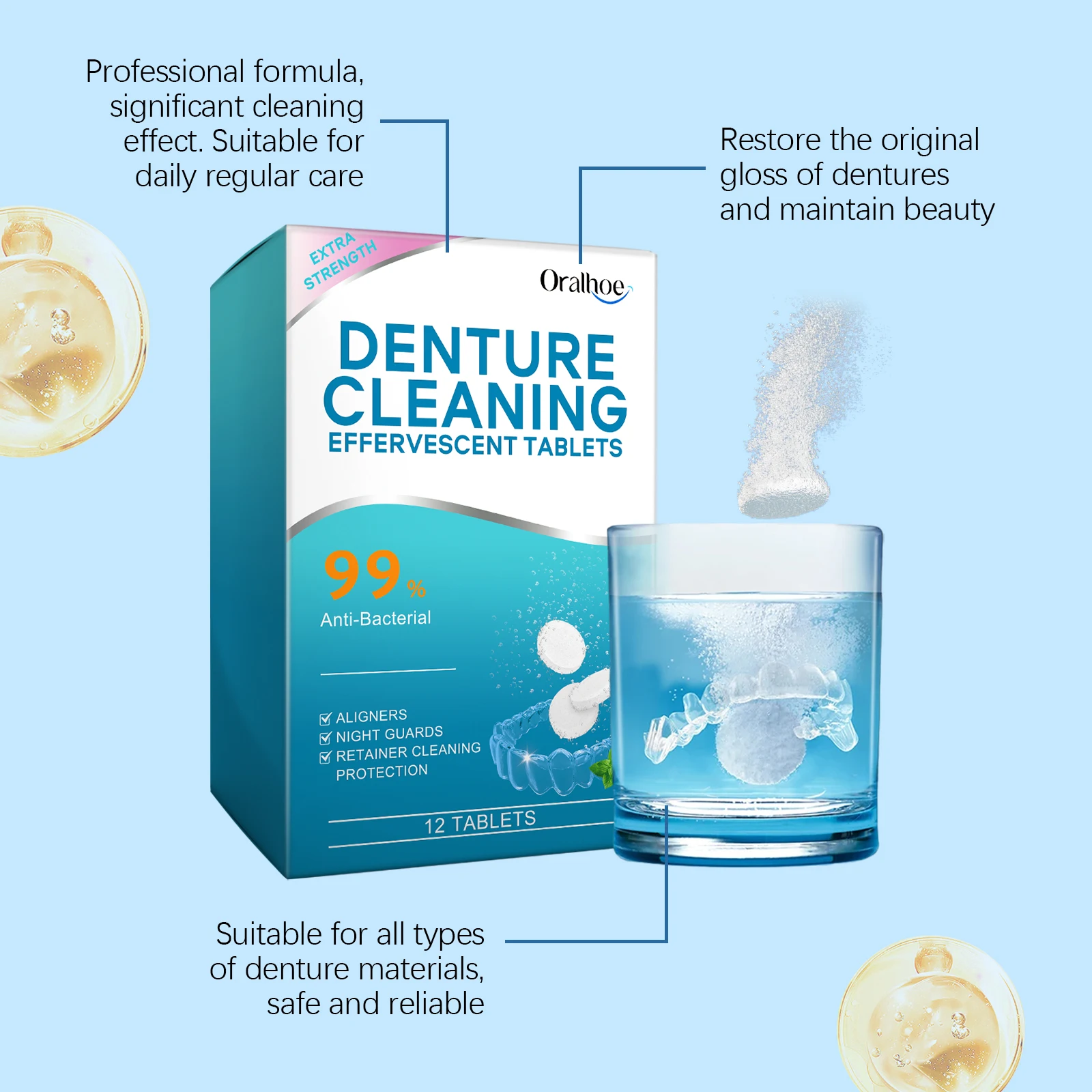 Oralhoe Denture Cleaning Tablets - Gentle Clean Fresh Breath Portable Daily Hygiene for False Teeth Oral Care view 2