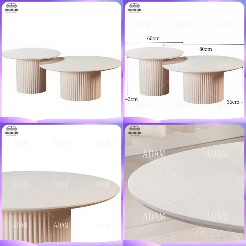 Nordic Modern Coffee Table Round Beige Veneer MDF Center Table with Grooved Design Nested Living Room Furniture Minimalist