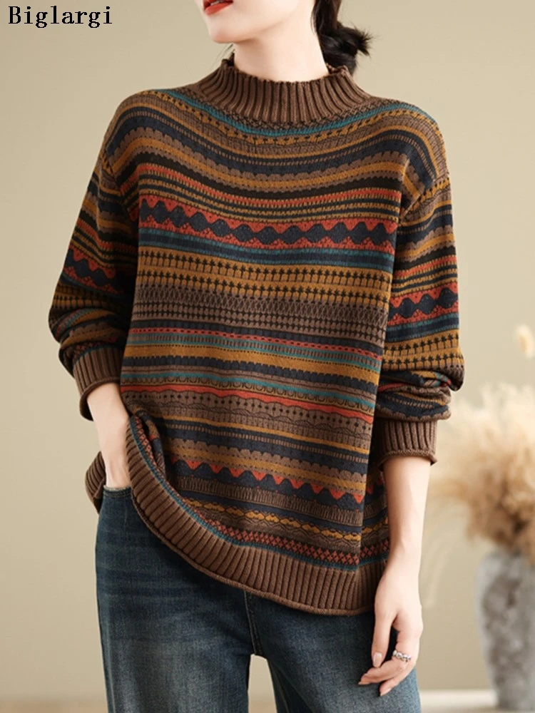 

Осенний вязаный пуловер большого размера, женский полосатый свитер с цветочным принтом, модные повседневные женские свитера, свободные женские свитера, топы