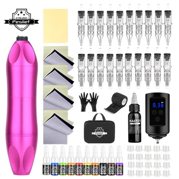 Yeni 2024 profesyonel döner dövme makinesi silah kiti kalıcı makyaj makinesi siyah mürekkep güç kaynağı kartuş İğneler dövme seti