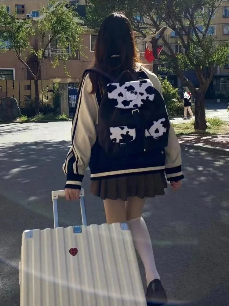 Sanrio Hello Kitty Backpack for Women Kawaii College Student Retro School Bag Large Capacity PU Leather Fashion Trend