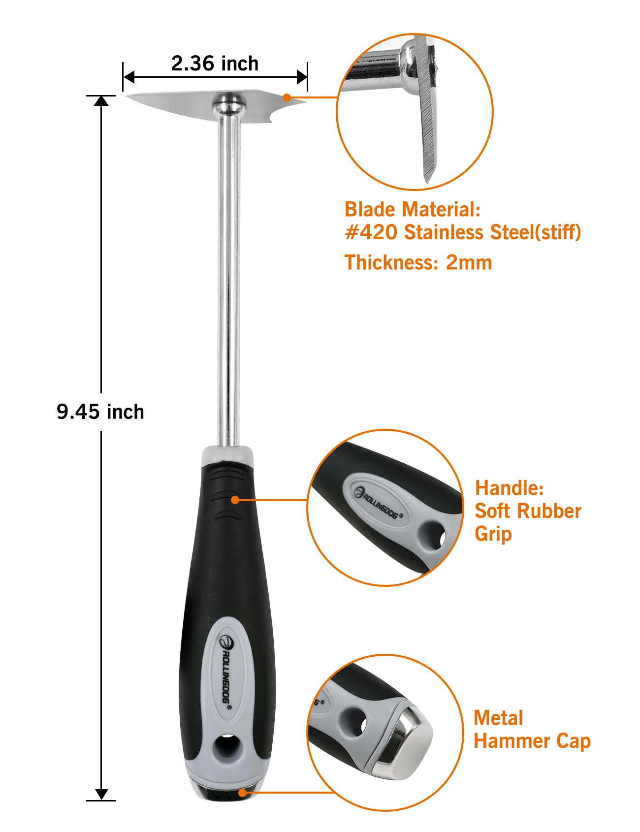 Rollingdog Combination Stainless Steel Shave Hook Scraper 2 mm Thick 420 Stainless Steel Blade with Rubber Grip Handle and Metal Hammer Cap for Paint and Varnish Removal
