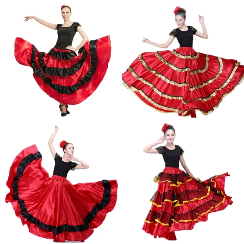 Plus Size Lady Spanish Flamenco Skirt Dance Costumes Clothing for Women Red Black Spanish Bullfight Festival Belly Dance Wear XC