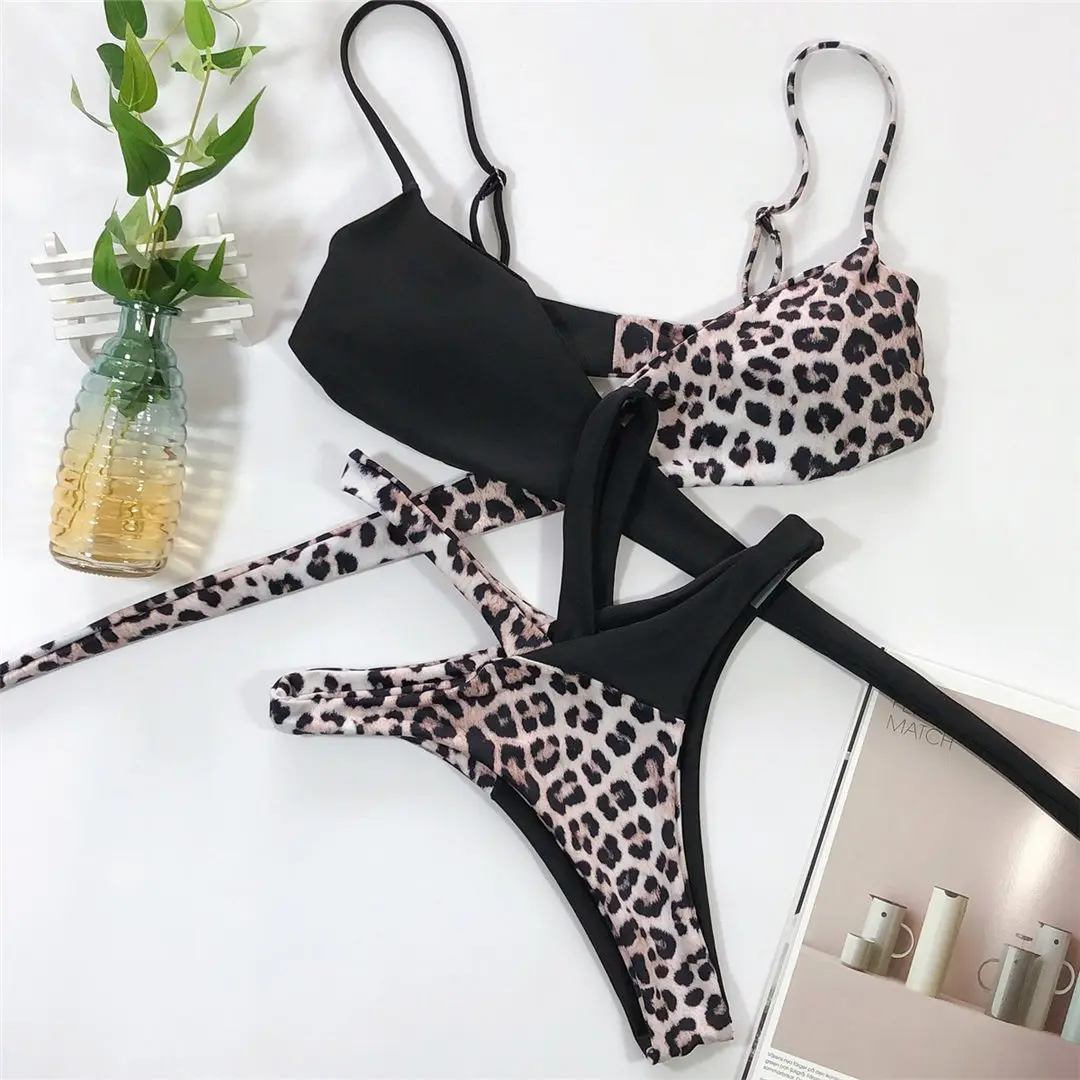 Sexy Leoparden-Bikini mit Patchwork-Design, Damen-Badebekleidung, zweiteiliger Bikini, asymmetrischer Badeanzug, Badeanzug V1809 – Detail 9