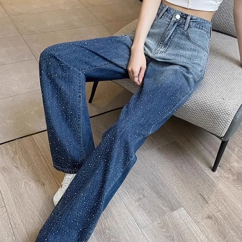 الماس الأزرق التدرج الجينز المرأة الصيف رقيقة تصميم عالية الخصر برشام ديكور بنطال ذو قصة أرجل واسعة فضفاض مستقيم أنبوب قطرة أسفل السراويل