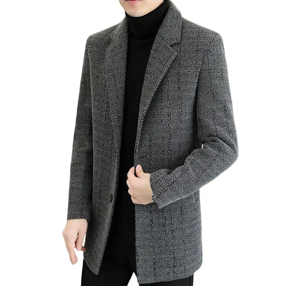 

Men Woolen Coat Lapel Long Sleeve Single Breasted Jacket Coat with Pockets Solid Color Loose Casual Outerwear Cold Weather Wear