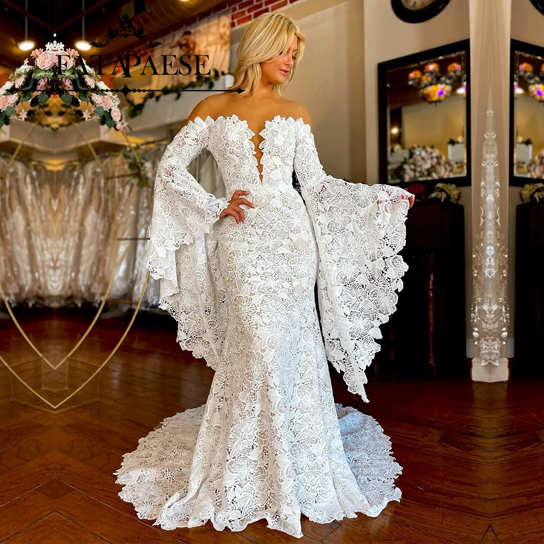 FATAPAESE Boho Wedding Dress Flare Slleeve Deep V-Neck Bust with Paddings Backless Sexy Dress Floor-length Skirt Mermaid Gown