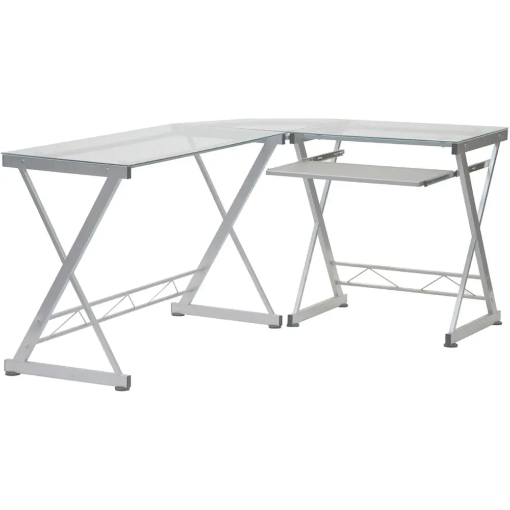 Reversible L-Shaped Glass Computer Desk with Pull-Out Tray for Home Office or Study