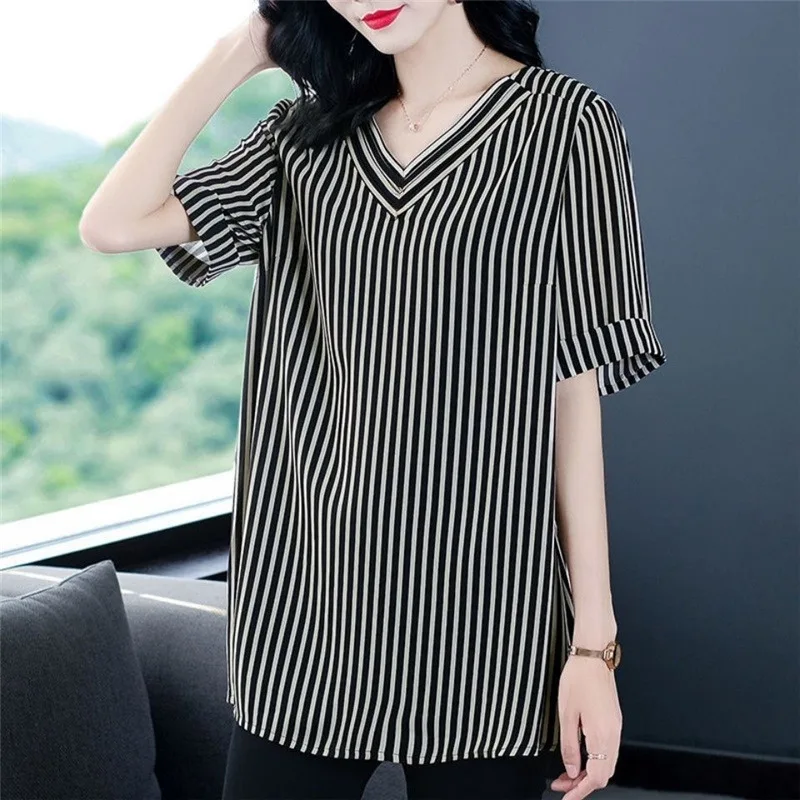 Fashion Striped Print Oversize Tunic Ladies Tops 2023 Summer Casual V Neck Short Sleeve Shirts Blouses for Women Clothing Blusas