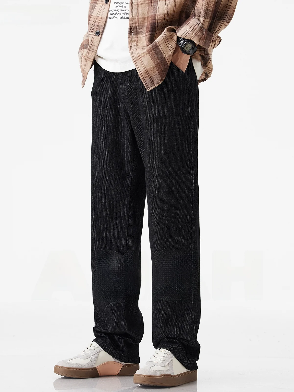 

AHAH мужские черные прямые джинсы, повседневные универсальные свободные посадки, осенняя мода, городские молодежные джинсы из смеси хлопка и полиэстера