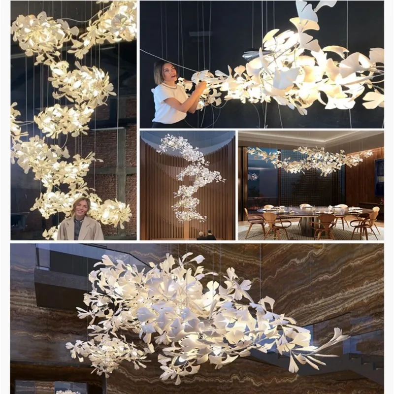 

White Ginkgo Leaf Chandeliers Lighting For High Ceiling Living Dining Room Stairway Foyer Loft Modern Porcelain Leaf Chandelier