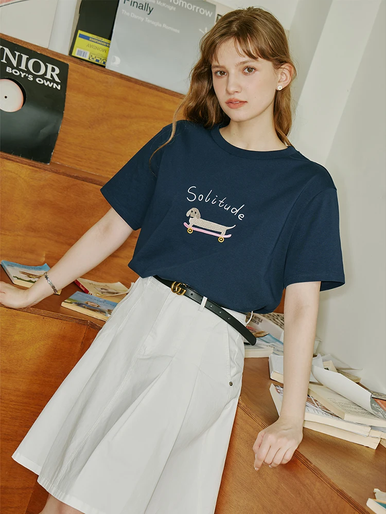 

FSLE Women Printed T-Shirt Summer Cotton Round Neck Tee Drop Sleeve White Female T-Shirts Yellow Short Sleeve Tops 24FS18033