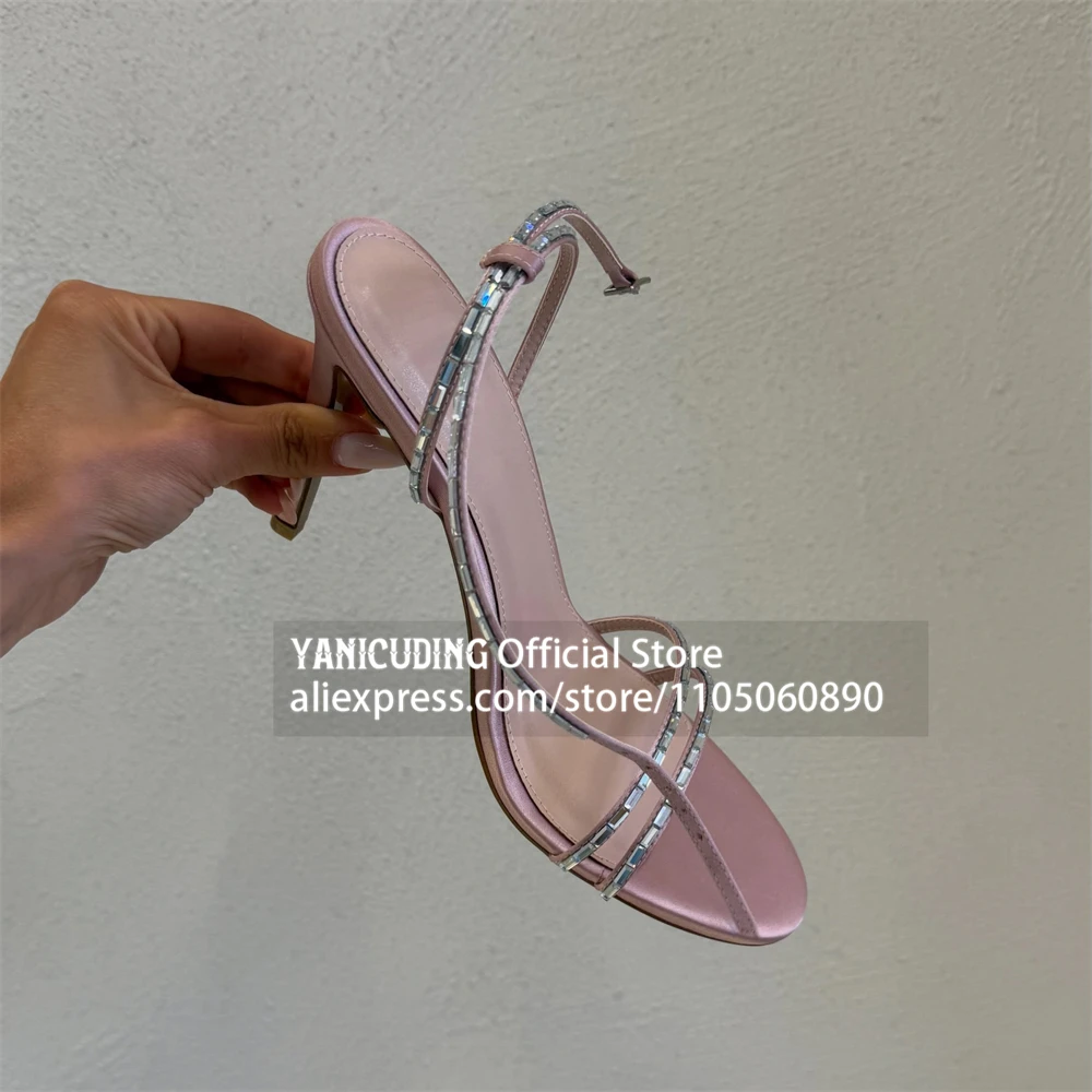 Satin Rhinestone Strappy Stiletto Sandals Double Strap Ankle Buckle High Heel Sandals Crystal Embellished Open Toe Summer Shoes