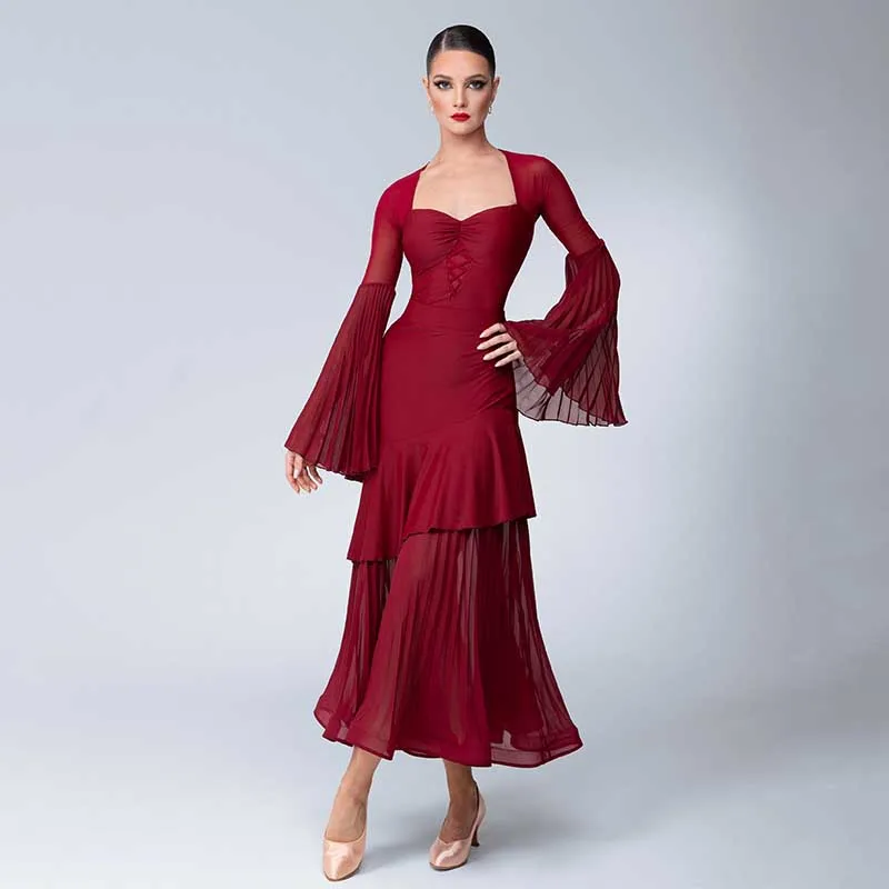 Standard Ballroom Dance Kostüm Frauen Walzer Wettbewerb Anzug Tango Bühne Tragen Tanz Body Pagode Ärmel Lange Tanzen Rock