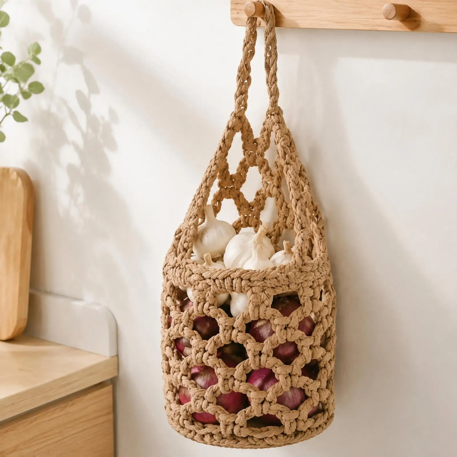 Hanging Basket with Loop Handle Handwoven Cord Hanging Basket Breathable for Kitchen, Entryway, Wall Display