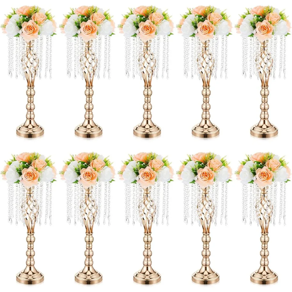 

10 Pcs Wedding Centerpiece Table Decorations Gold Vases 21.7" Tall Crystal Flower Stand Decorations Stand
