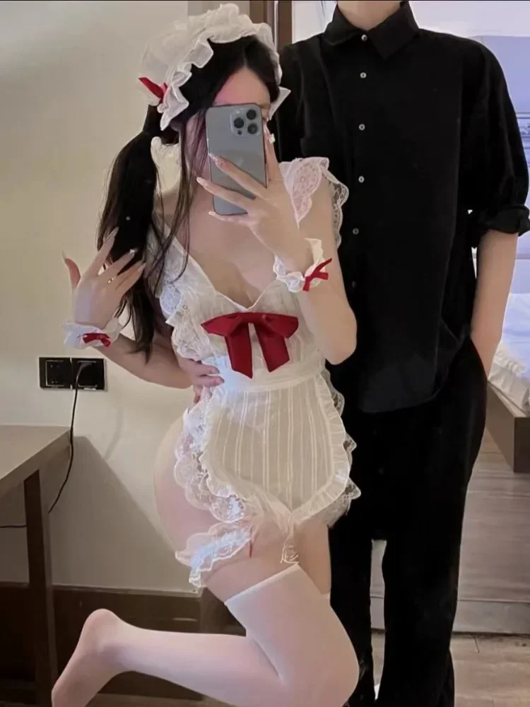 تأثيري خادمة ازياء مثير الدمى لطيف ربطة القوس فيونكة مفتوحة البرازيلي ارتداءها الوثن حزام الجوارب دور اللعب موحدة جوفاء عارية الذراعين الملابس الداخلية #1