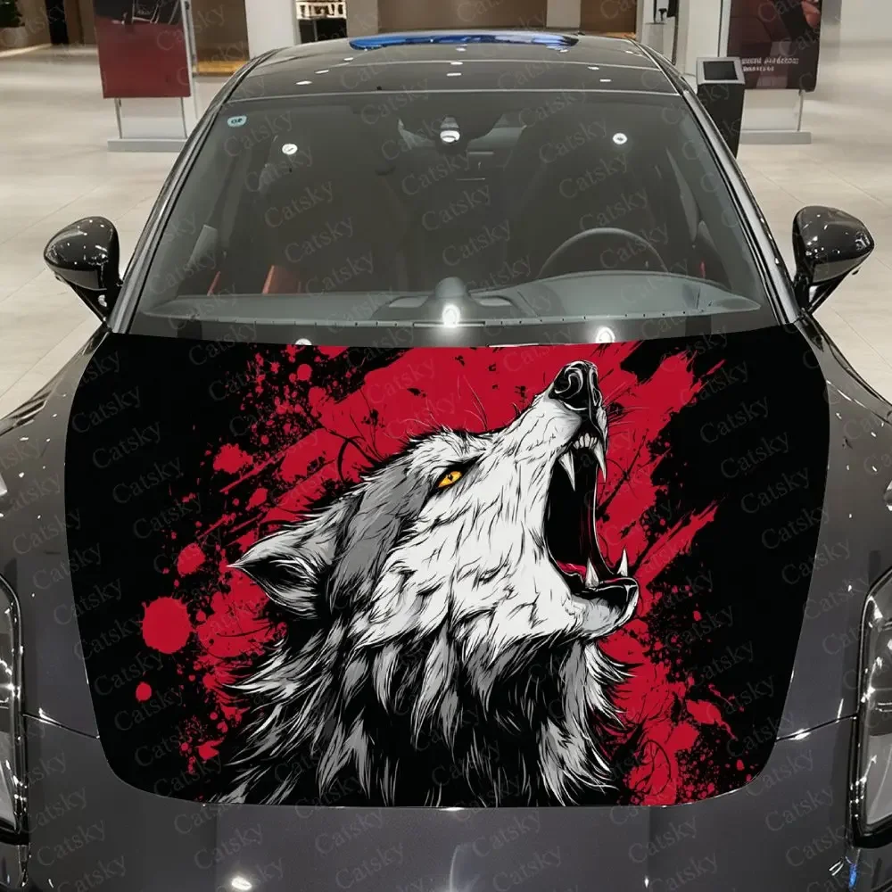 Scarlet Realm Roaring Wolf Car Vinyl Wrap, PVC Waterproof Car Hood Sticker, Self-Adhesive Scratch-Resistant Stickers