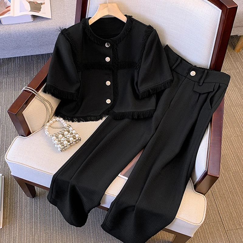 Roupas femininas 2025 verão novo estilo pequeno terno borla jaqueta e calças casuais da moda conjunto de duas peças para mulher