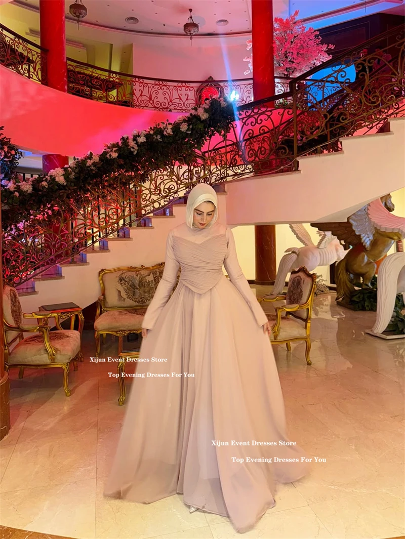 Suknie wieczorowe Xijun Modest Chiffon A-Line z długimi rękawami, Dubajskie muzułmańskie suknie balowe, długie do podłogi, formalne okazje, suknie balowe szyte na miarę