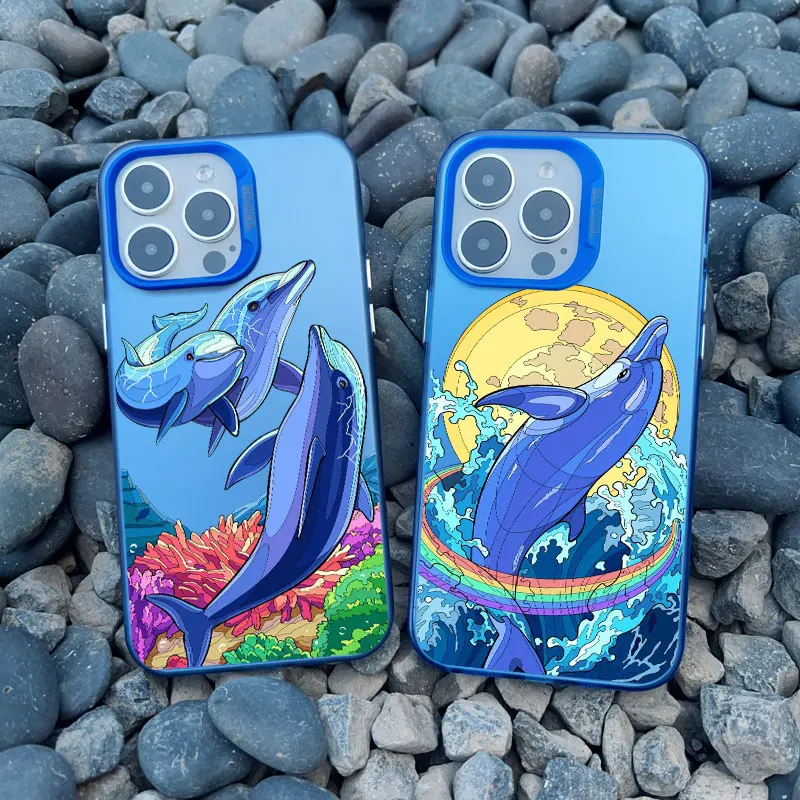 Ocean Animal Cute Dolphin Phone Case For iPhone 16 15 14 Plus Pro Max 11 12 13 Pro Max Mini Shockproof Laser Back Cover Funda