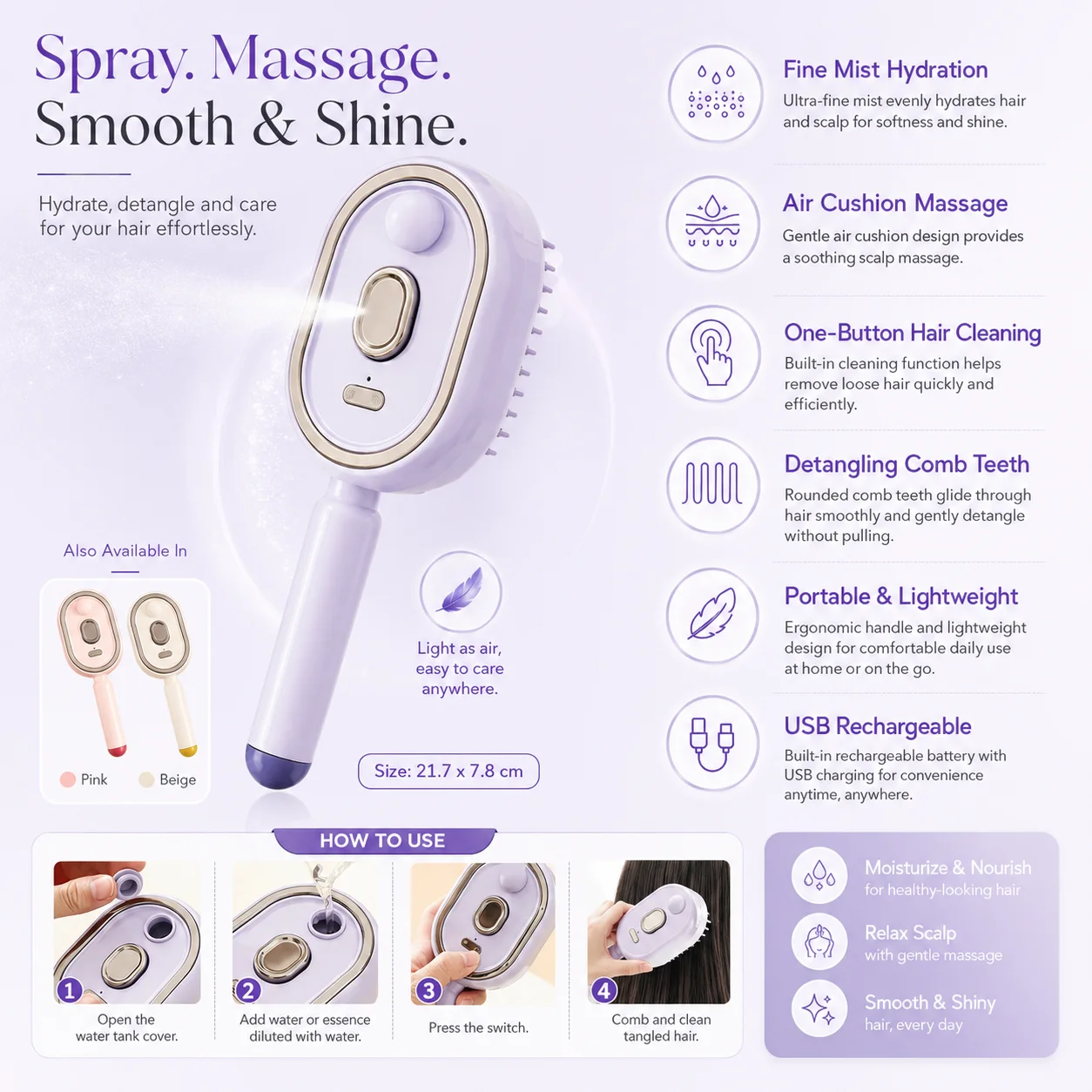 Electric steam comb with spray massage function, 2026. Reduces frizz and prevents static electricity