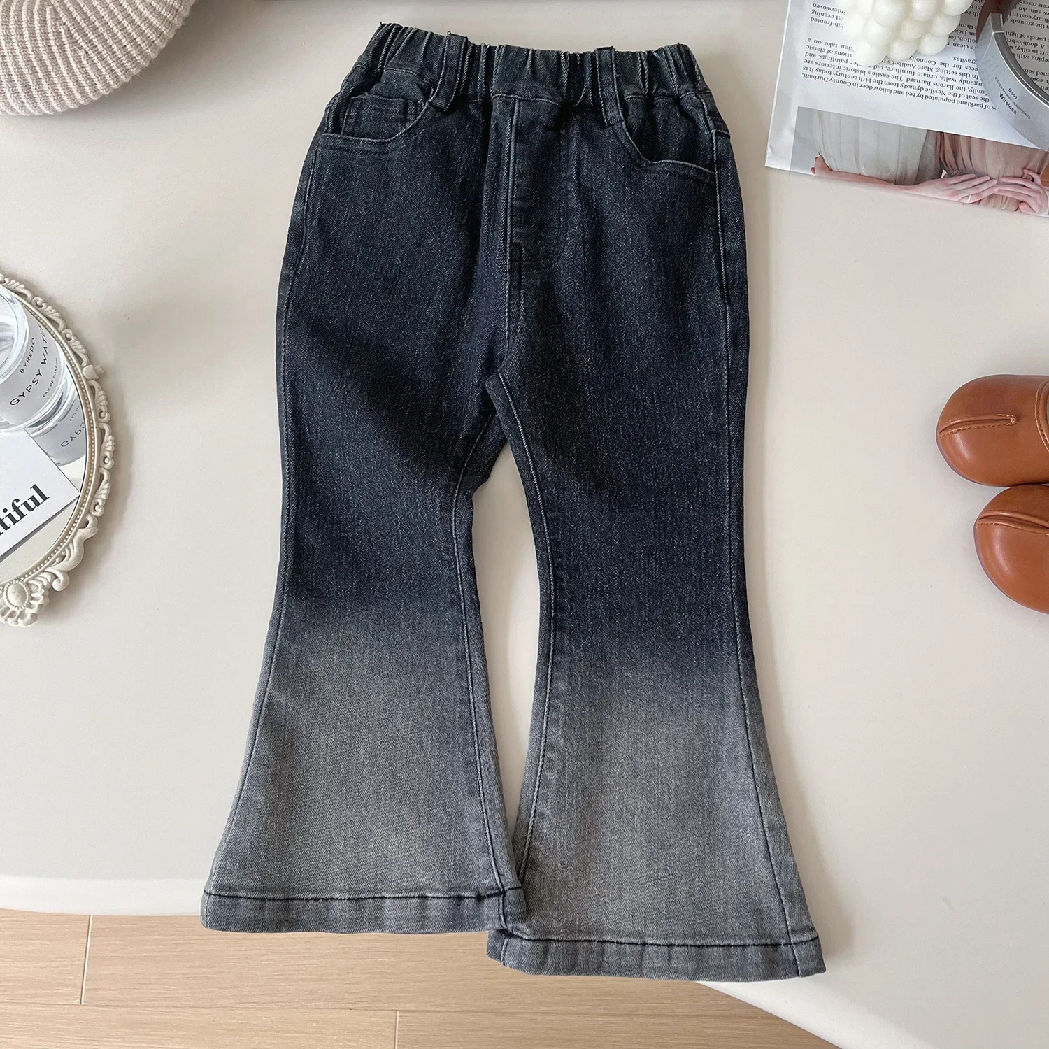 2024 طفل الفتيات موضة التدرج اللون الدنيم السراويل الطويلة متوهج الاطفال الجينز الأطفال ربيع الخريف السراويل الملابس المراهقين 2-10Y