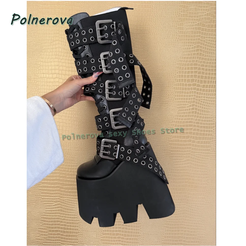 حزام مشبك منصة سميكة وحيد Y2K فارس الأحذية جولة تو الارتفاع زيادة زخرفة المعادن فاسق الركبة عالية التمهيد 2024 الشتاء