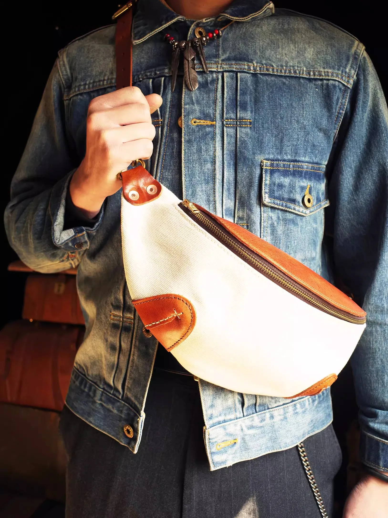 vintage designer high-quality canvas genuine leather stitching men's chest bag handmade luxury outdoor daily crossbody bag