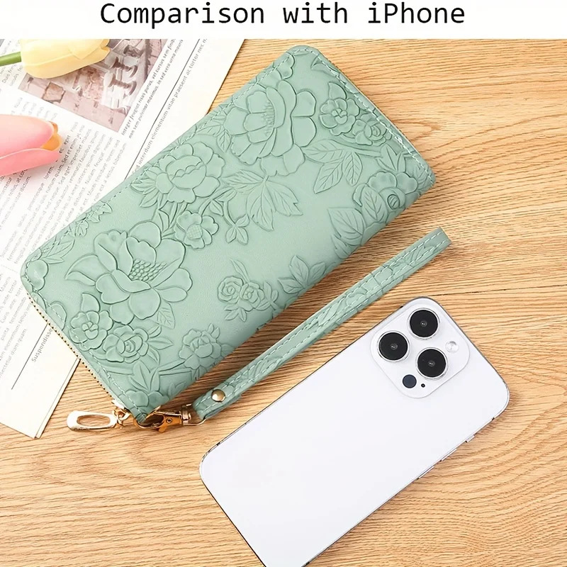 Floral Embossed Long Wallet, PU Leather Credit Card Holder, Simple Trendy Phone Coin Clutch Purse For Women Hand-painted Wallet